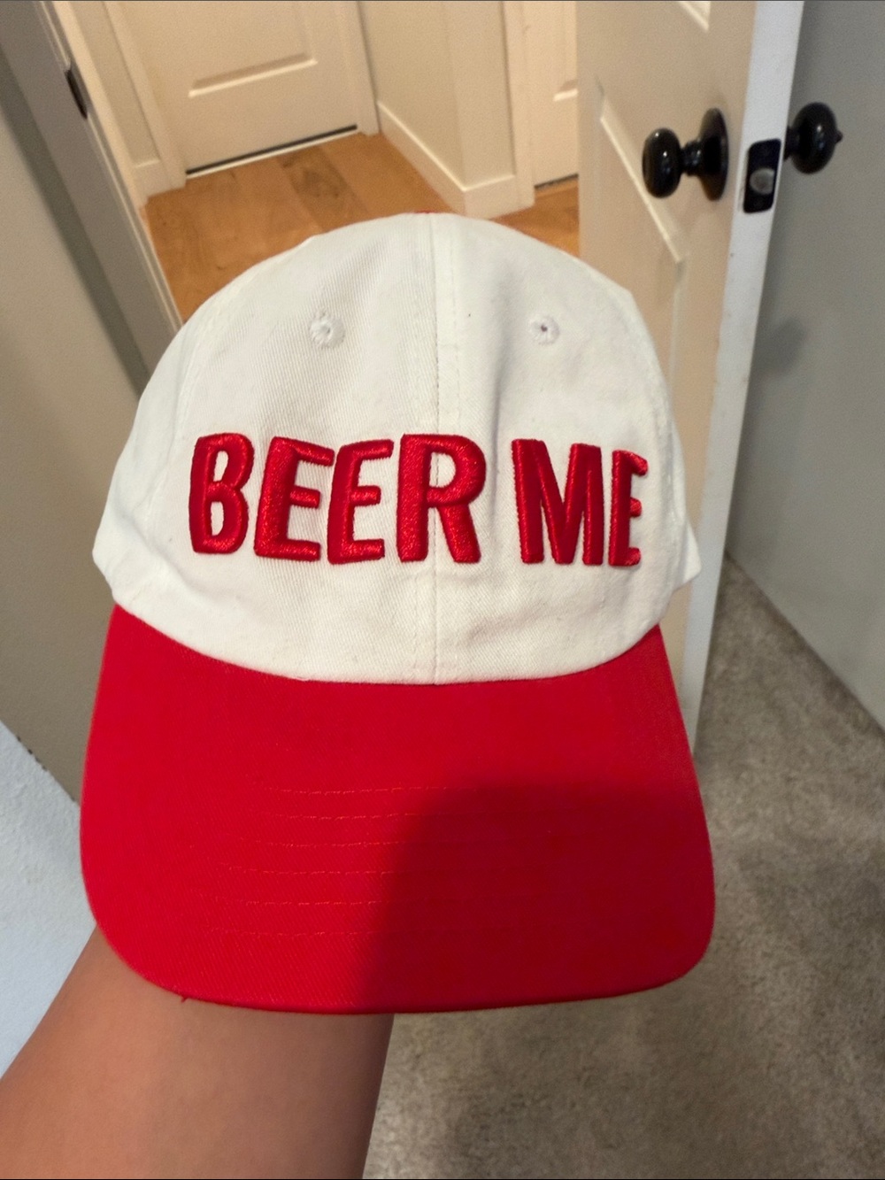 White and Red 'BEER ME' Baseball Cap - Party Hat